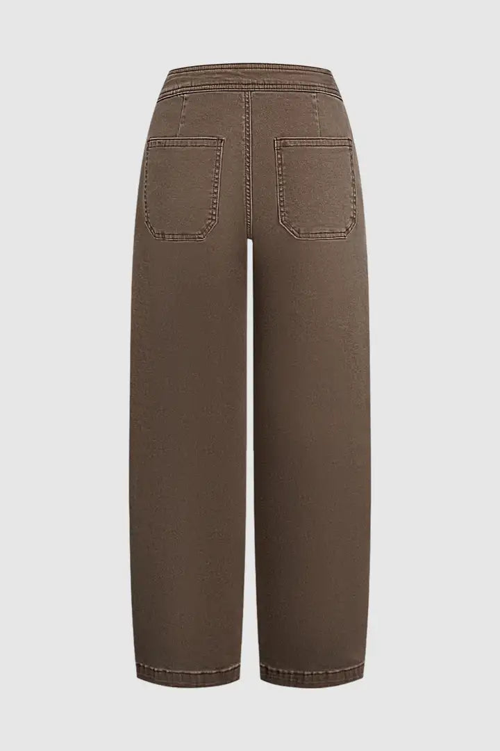 Solid Ruched Patch Pocket Drawstring Mid Waist Wide Leg Pants