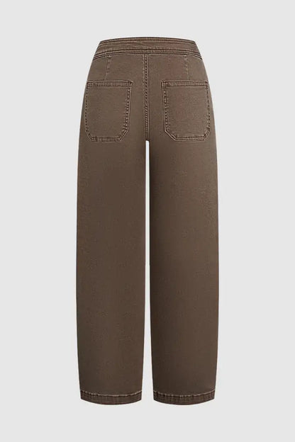 Solid Ruched Patch Pocket Drawstring Mid Waist Wide Leg Pants