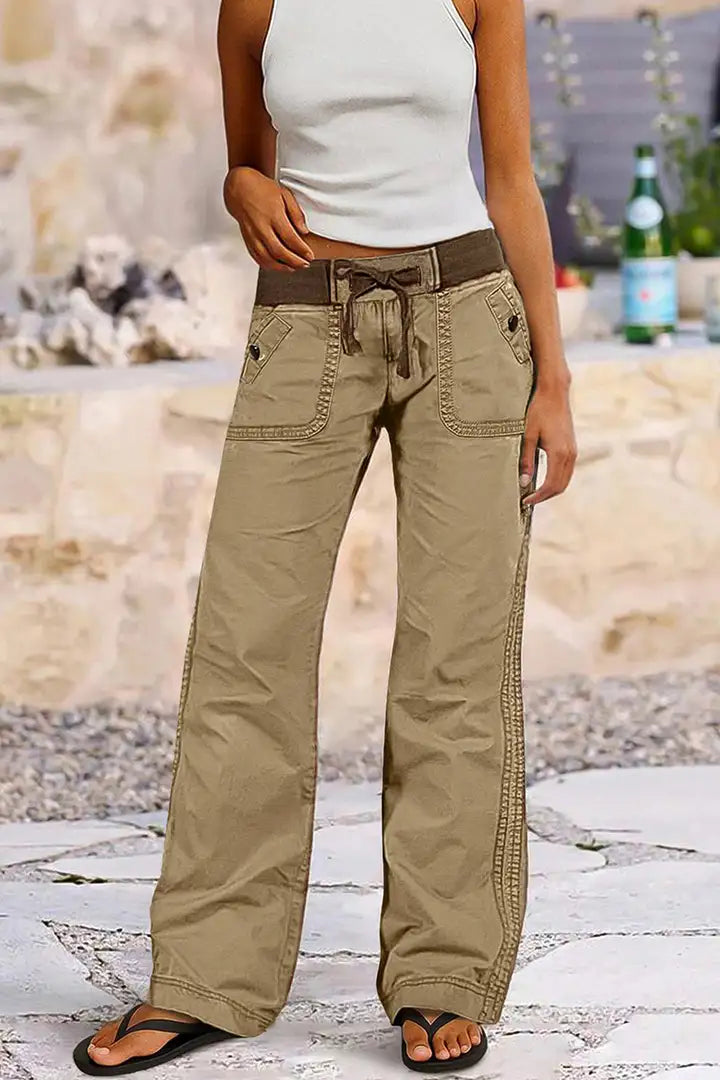 Solid Seam Detail Drawstring Mid Rise Straight Leg Pants