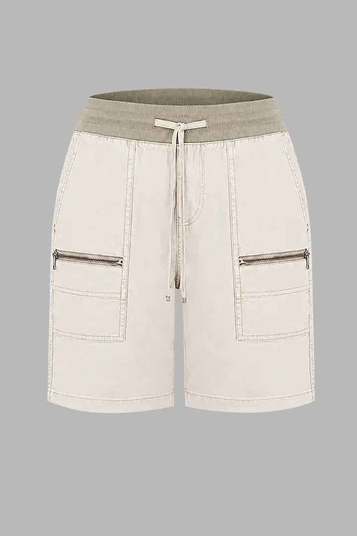 Zip Decor Patch Pocket Drawstring Mid Rise Bermuda Shorts