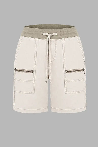 Zip Decor Patch Pocket Drawstring Mid Rise Bermuda Shorts