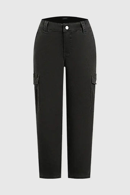 Solid Flap Pocket Mid Waist Tapered Cropped Cargo Pants