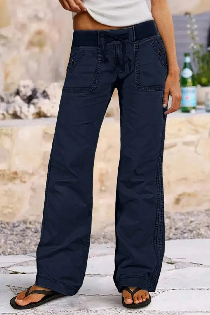Solid Seam Detail Drawstring Mid Rise Straight Leg Pants