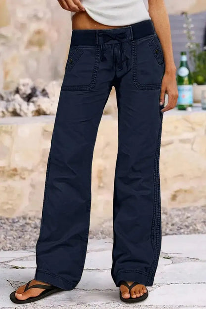Solid Seam Detail Drawstring Mid Rise Straight Leg Pants