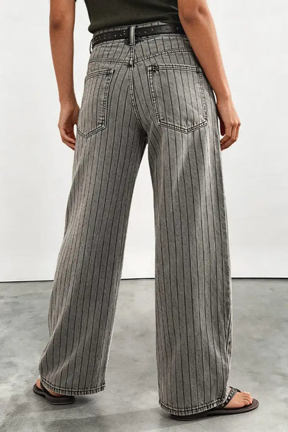 Striped Patch Pocket Mid Waist Wide Leg Pants Without Belt