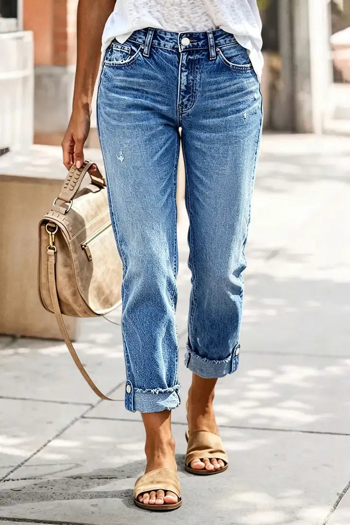 Wash Button Tab Roll Hem Mid Waist Straight Leg Crop Jeans