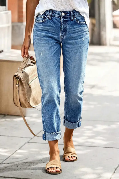 Wash Button Tab Roll Hem Mid Waist Straight Leg Crop Jeans