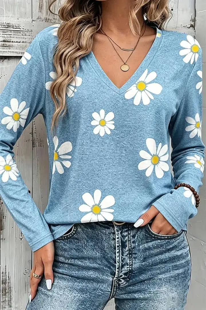 Daisy Print V Neck Long Sleeve T-Shirt