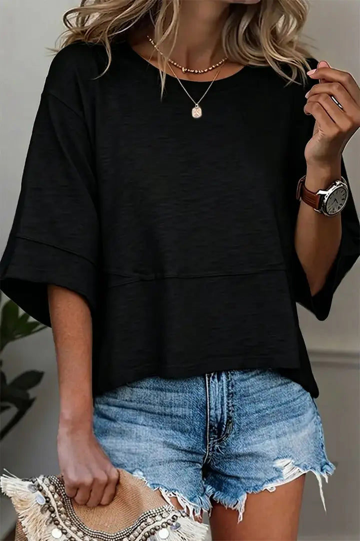 Solid Stitch Detail Round Neck Three Quarter Length Sleeve T-Shirt