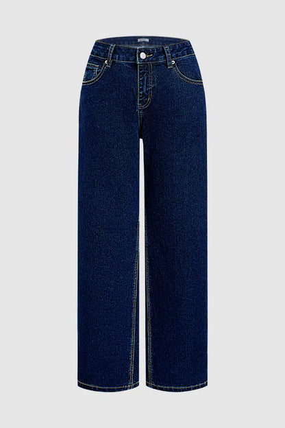 Wash Studded Mid Waist Straight Leg Jeans Without Belt