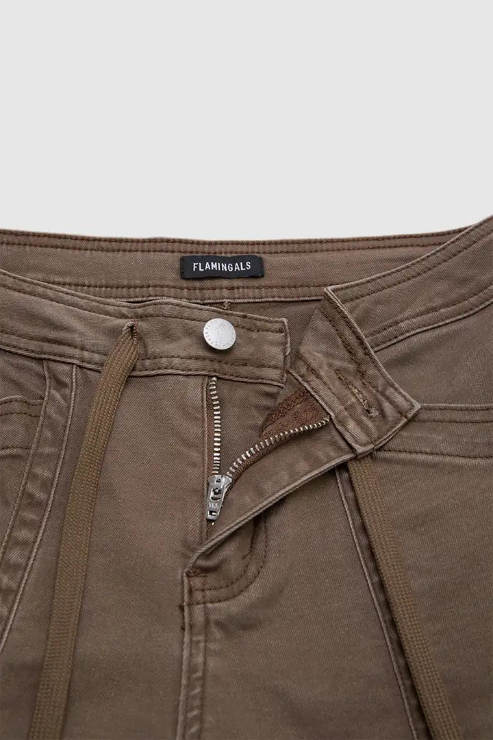 Solid Ruched Patch Pocket Drawstring Mid Waist Wide Leg Pants