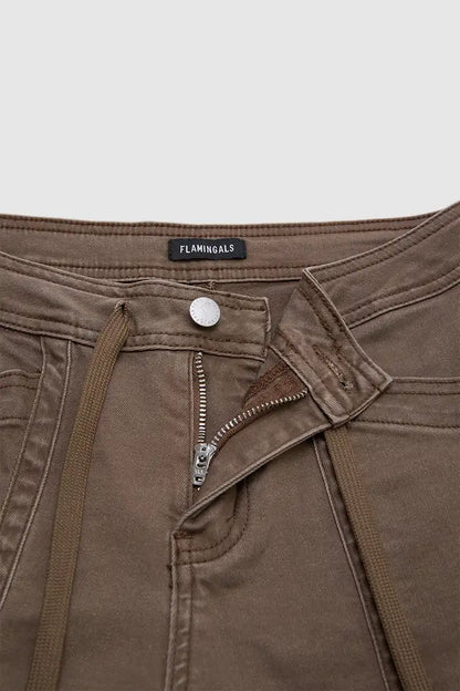 Solid Ruched Patch Pocket Drawstring Mid Waist Wide Leg Pants