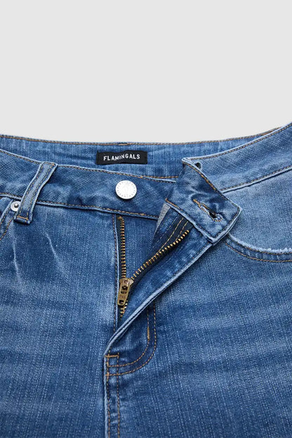 Wash Button Tab Roll Hem Mid Waist Straight Leg Crop Jeans