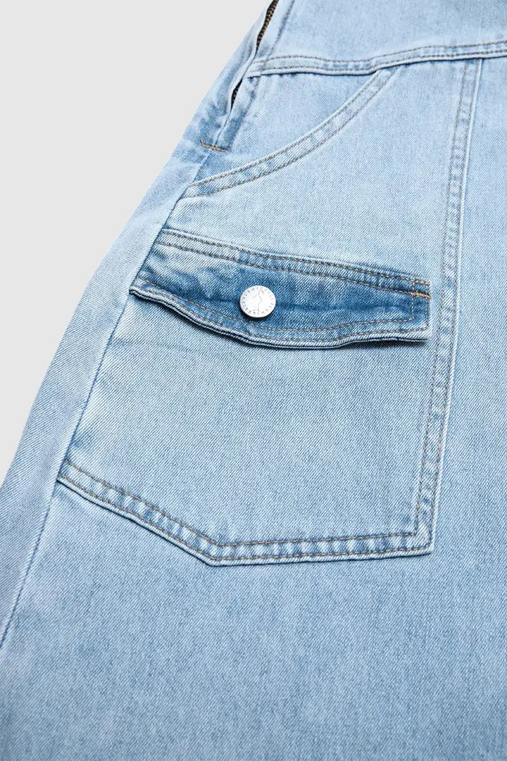 Wash Flap Pocket Stitch Detail High Waist Long Overall Dress
