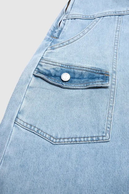 Wash Flap Pocket Stitch Detail High Waist Long Overall Dress