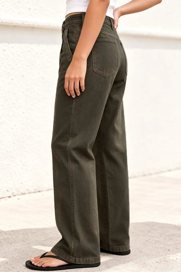 Solid Pleated Seam Front Mid Waist Straight Leg Pants