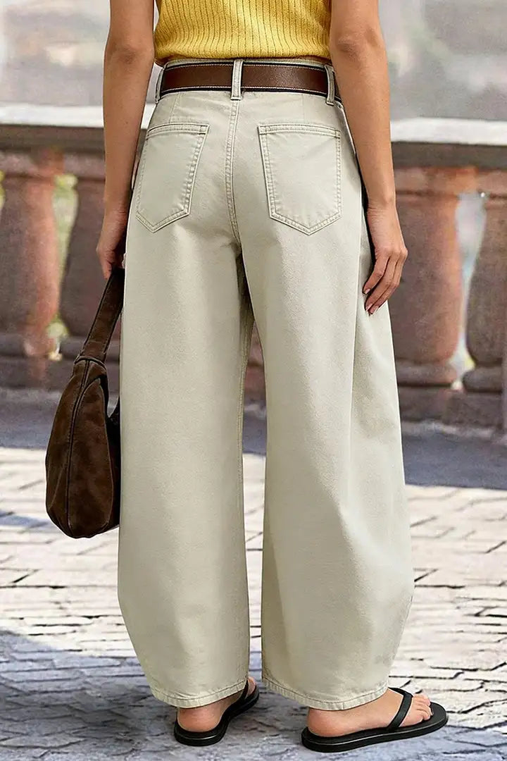 Solid Pleated Mid Rise Barrel Leg Pants Without Belt