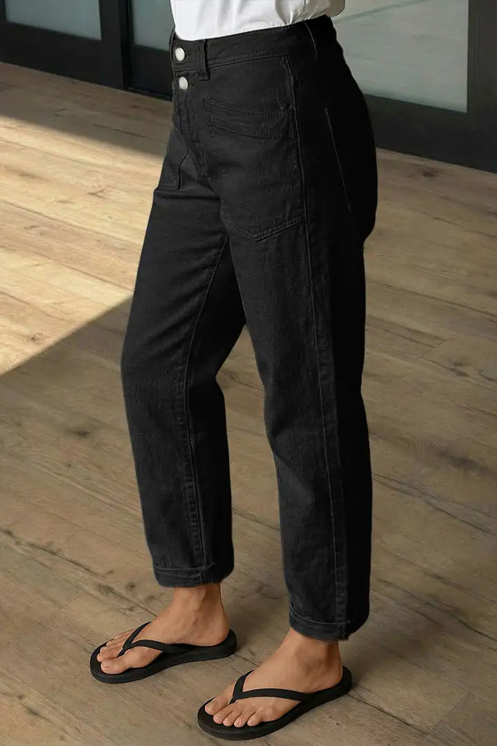 Solid Patch Pocket Dual Button High Rise Straight Leg Crop Pants
