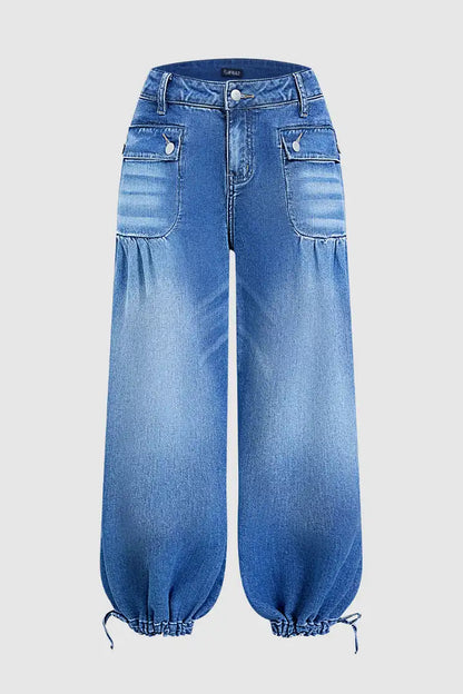 Flap Pocket Ruched Drawstring Mid Waist Balloon Leg Crop Jeans
