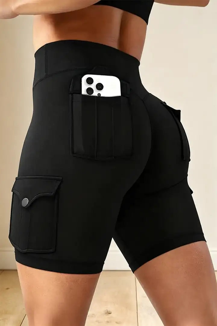 Lycra® Solid Flap Pocket High Waist Sports Shorts