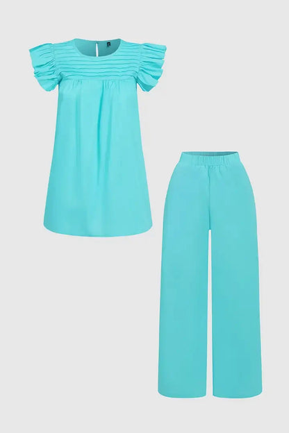 Solid Pleated Ruffle Armhole Top & Slant Pocket Pants Set