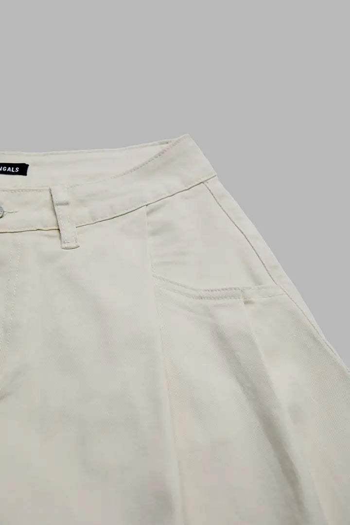 Solid Pleated Mid Rise Barrel Leg Pants Without Belt