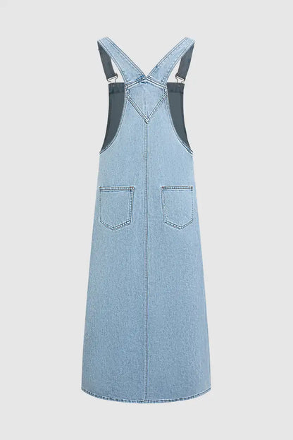 Wash Flap Pocket Stitch Detail High Waist Long Overall Dress