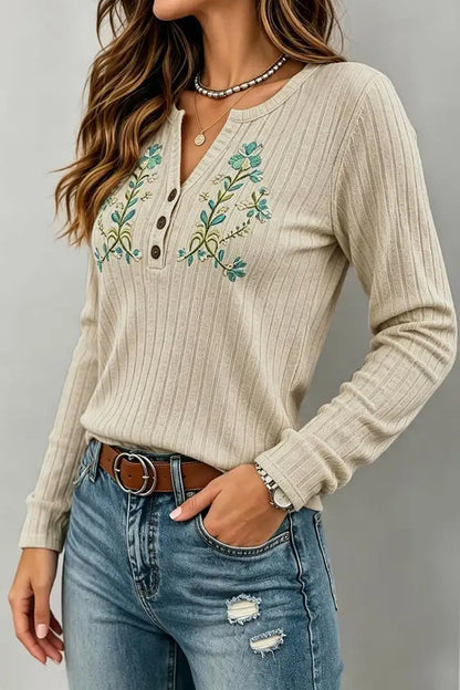 Floral Embroidery Rib Knit Button Front Notched Long Sleeve T-Shirt