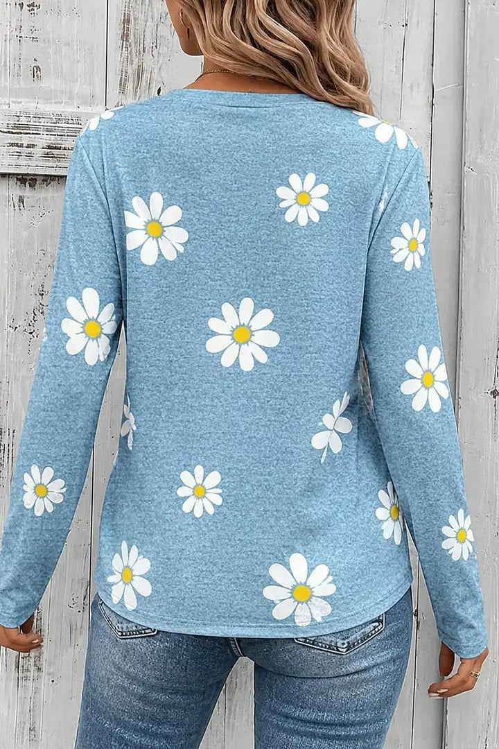 Daisy Print V Neck Long Sleeve T-Shirt