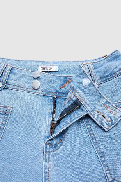 Wash Asymmetrical Stitch Detail Mid Waist Straight Leg Jeans