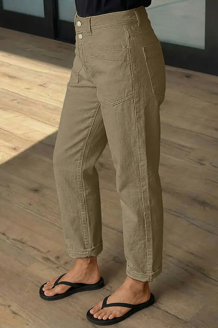 Solid Patch Pocket Dual Button High Rise Straight Leg Crop Pants