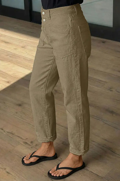 Solid Patch Pocket Dual Button High Rise Straight Leg Crop Pants