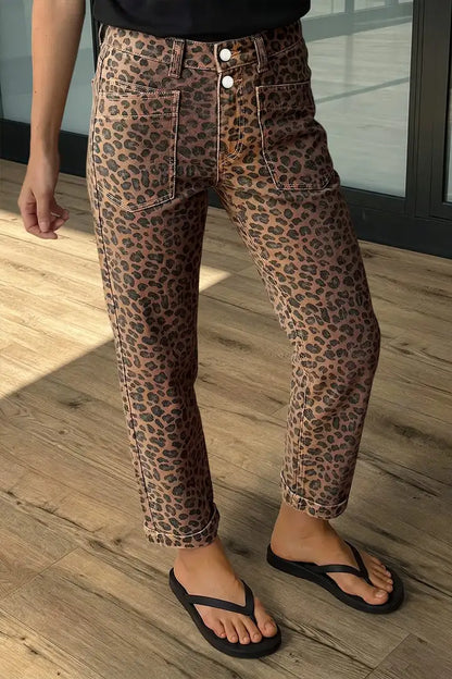 Leopard Print Roll Hem Patch Pocket Mid Waist Straight Leg Cropped Pants