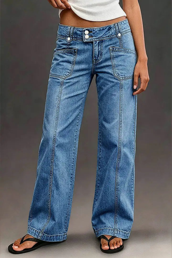 Wash Asymmetrical Stitch Detail Mid Waist Straight Leg Jeans