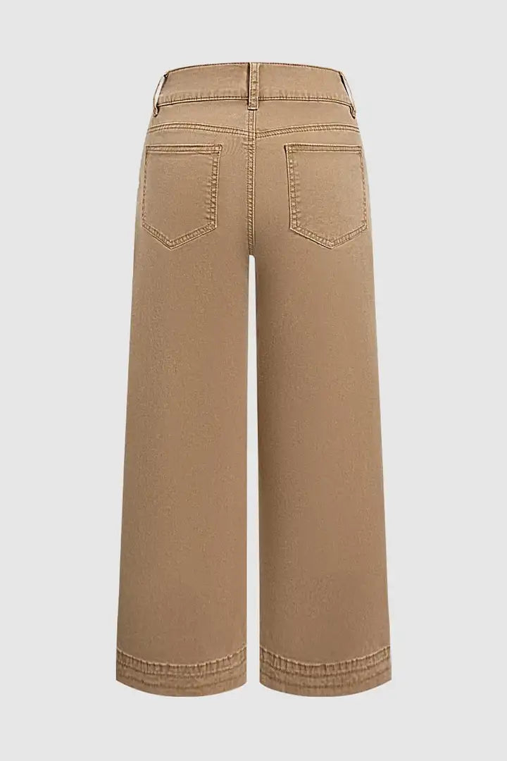 Solid Patched Pocket Mid Waist Wide Leg Pants