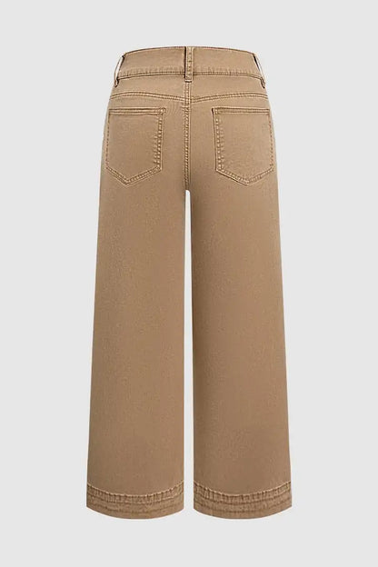 Solid Patched Pocket Mid Waist Wide Leg Pants