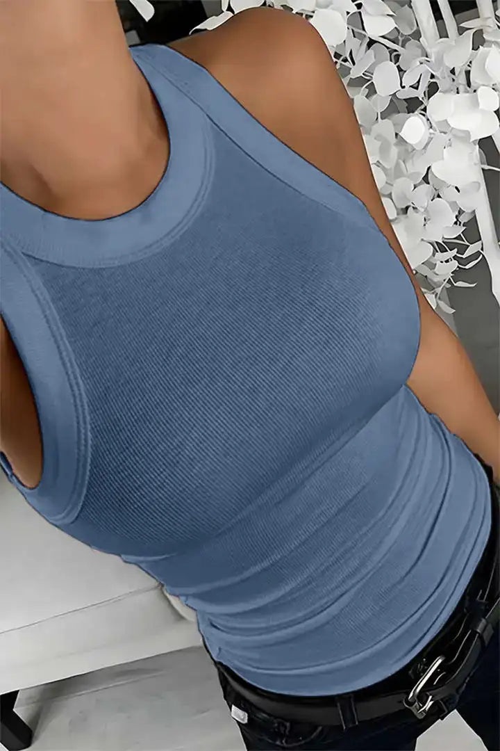Solid Rib-Knit Round Neck Tank Top