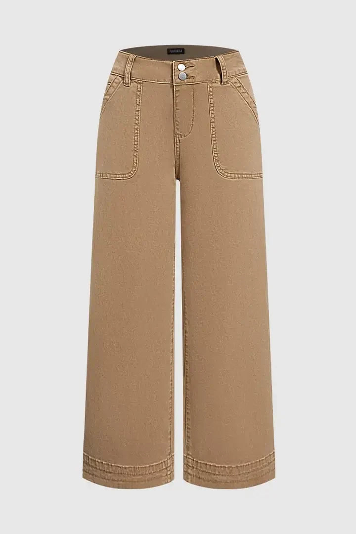 Solid Patched Pocket Mid Waist Wide Leg Pants