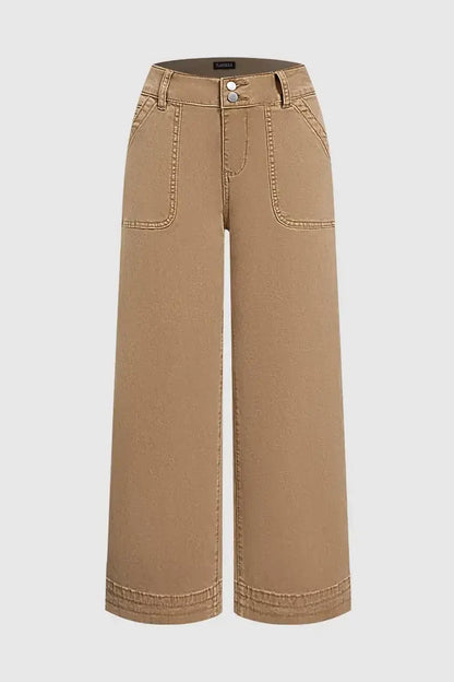 Solid Patched Pocket Mid Waist Wide Leg Pants