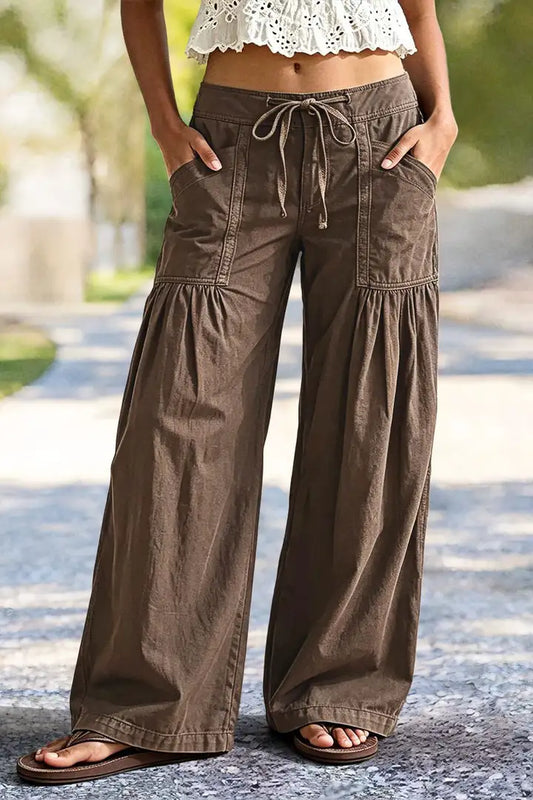 Solid Ruched Patch Pocket Drawstring Mid Waist Wide Leg Pants