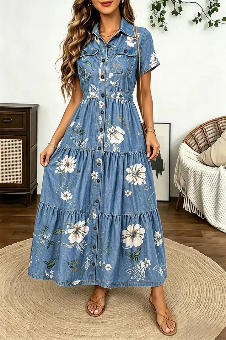 Floral Print Flap Pocket Button Up Short Sleeve Maxi Dress
