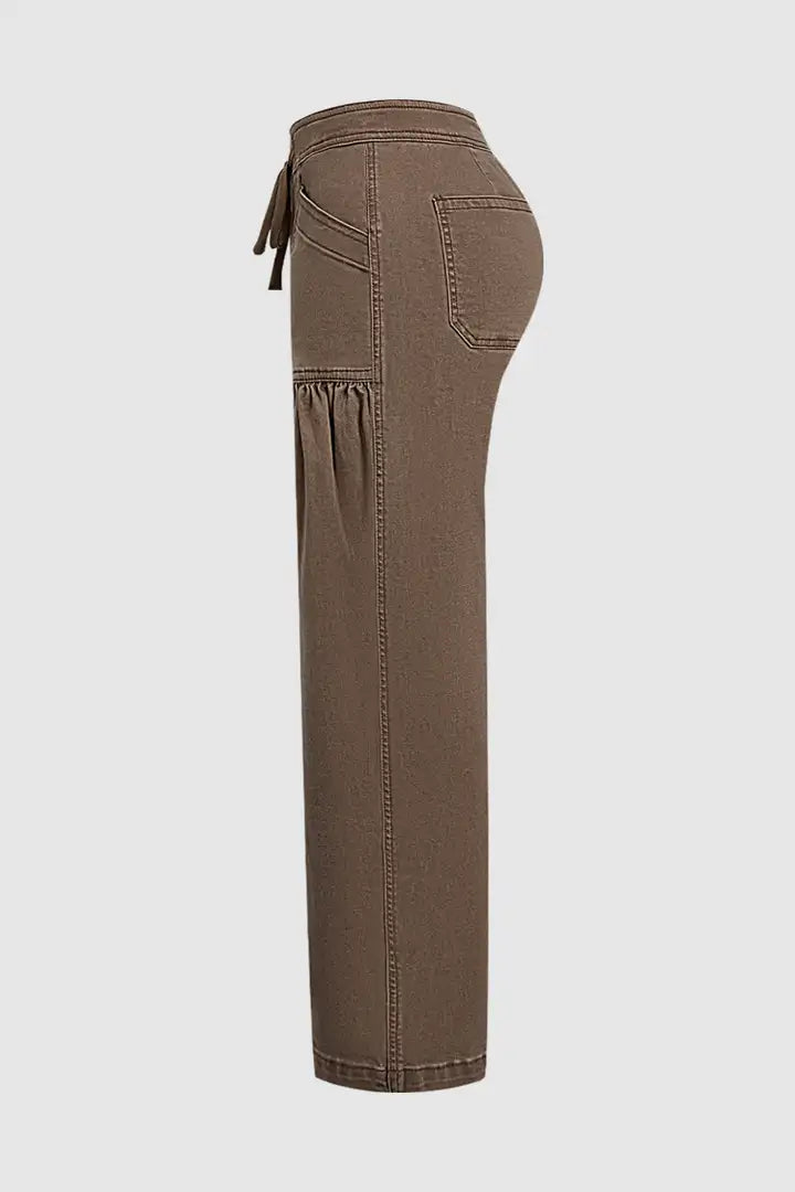Solid Ruched Patch Pocket Drawstring Mid Waist Wide Leg Pants
