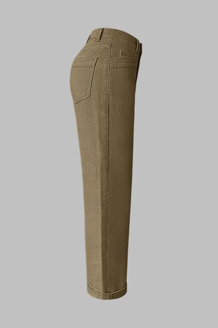 Solid Patch Pocket Dual Button High Rise Straight Leg Crop Pants