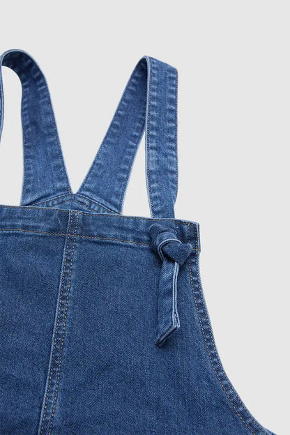 Wash Patch Pocket Pleated Long Denim Overall Dress