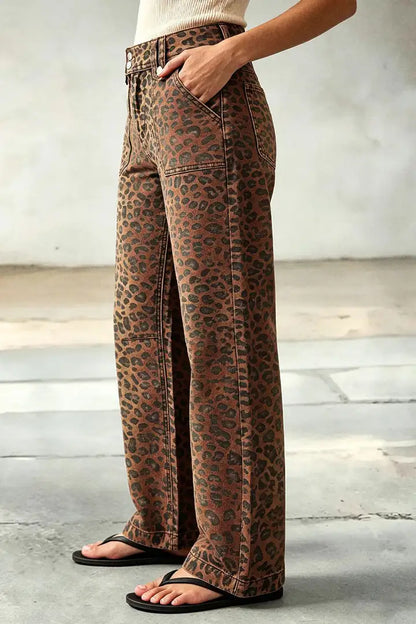 Leopard Print Patch Pocket High Waist Straight Leg Pants
