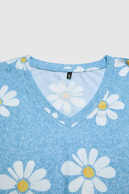 Daisy Print V Neck Long Sleeve T-Shirt
