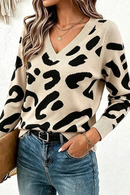 Leopard Print V Neck Long Sleeve Sweater