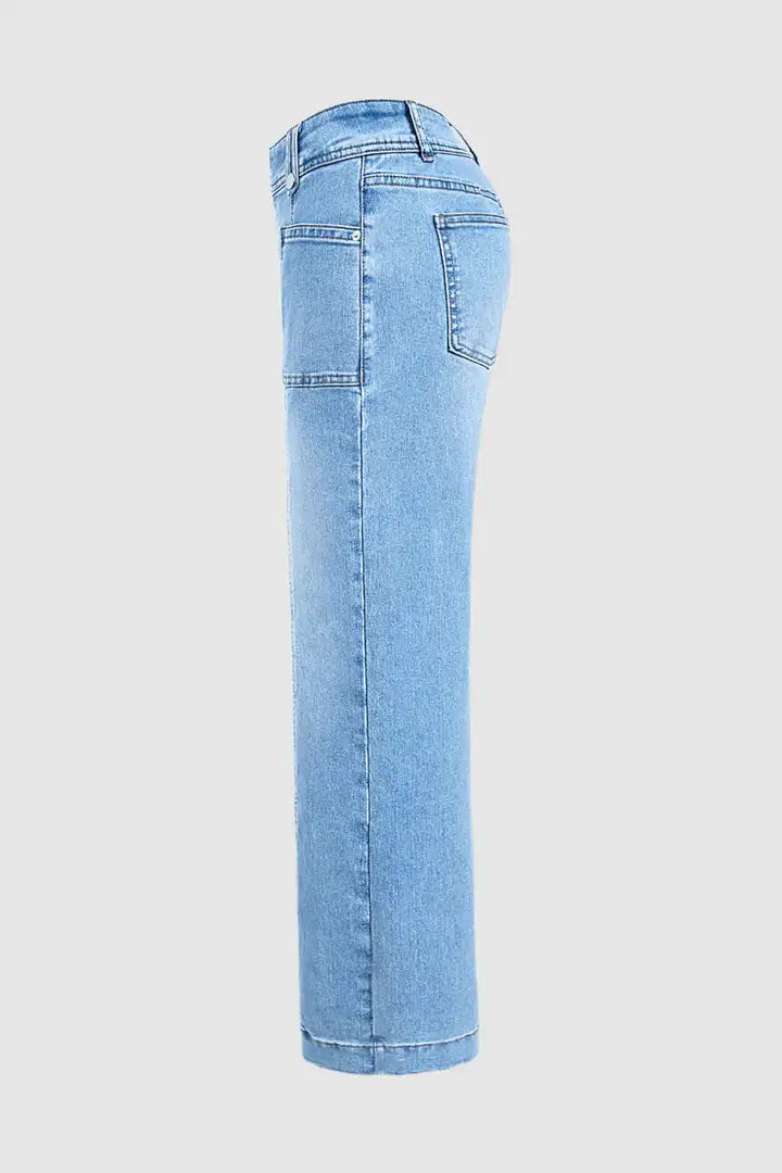 Wash Asymmetrical Stitch Detail Mid Waist Straight Leg Jeans