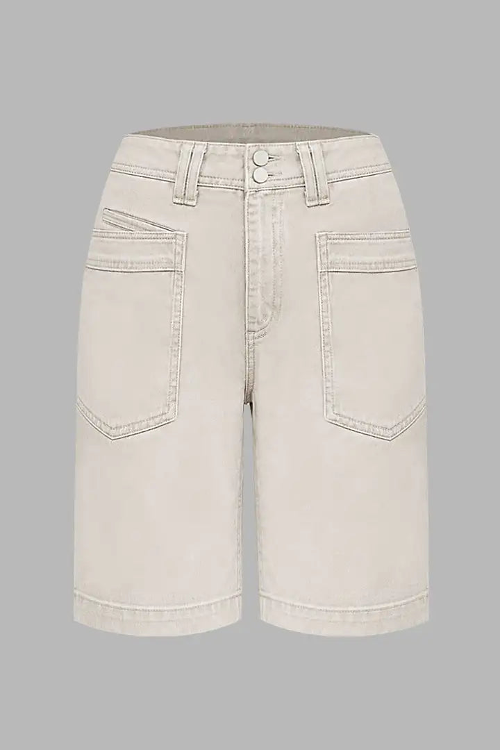 Solid Patch Pocket Dual Button Roll Hem High Rise Bermuda Shorts