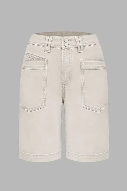 Solid Patch Pocket Dual Button Roll Hem High Rise Bermuda Shorts